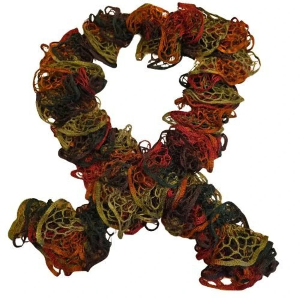 Lattice Knit Scarf Earth Tone Variegated Ruffle Boho Green Rust 5x66