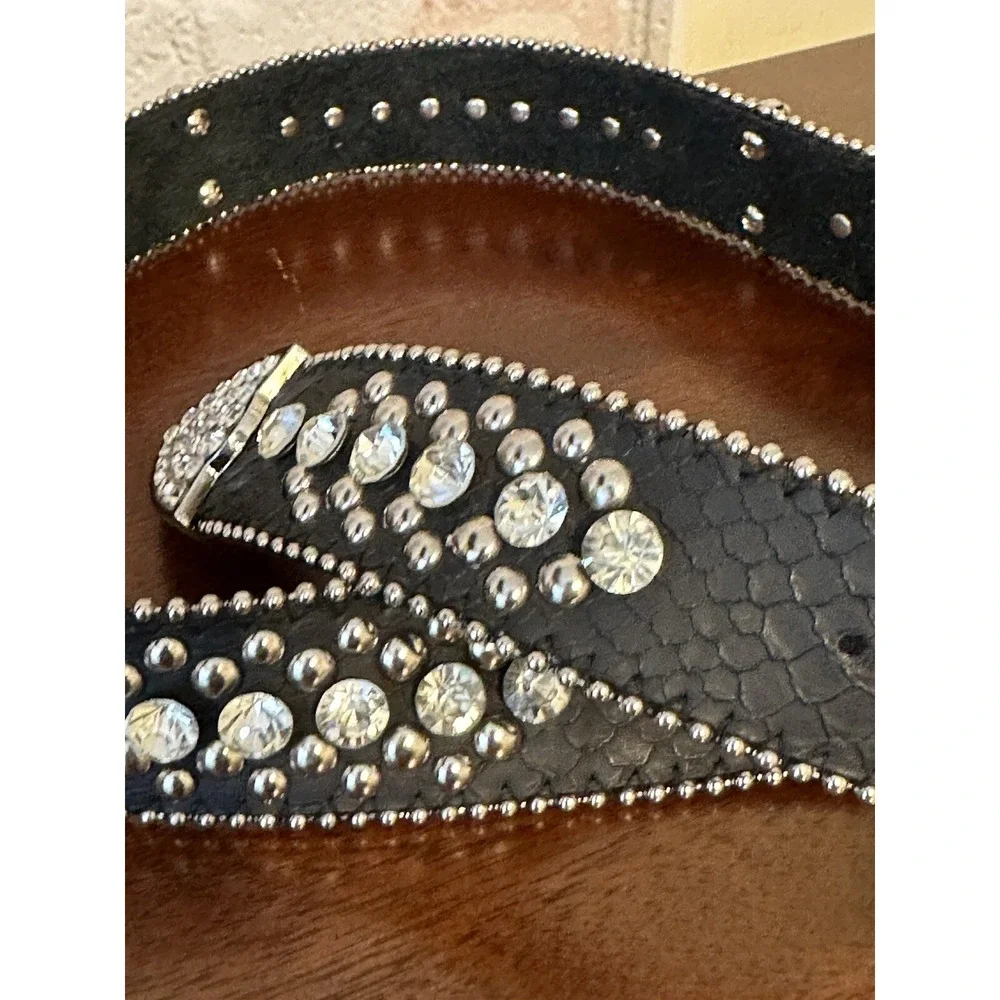 Women's Black Rhinestone Leather Belt size S/M Western Style Black Belt Bling