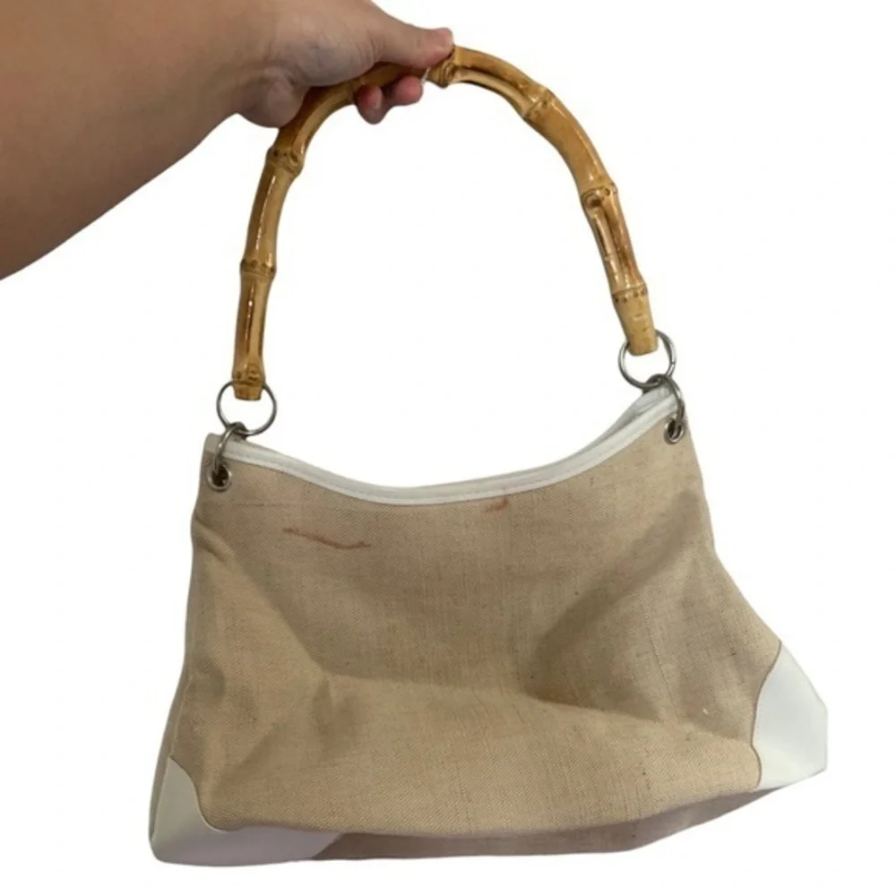 Vintage Cream Canvas Purse w/Bamboo‎ Handles
