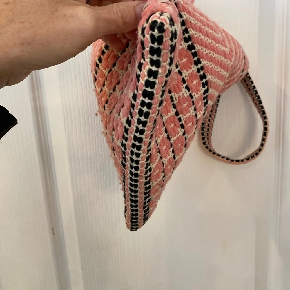Vintage Handmade Crochet Embroidered Small Tote Handbag Pink Boho Market Bag