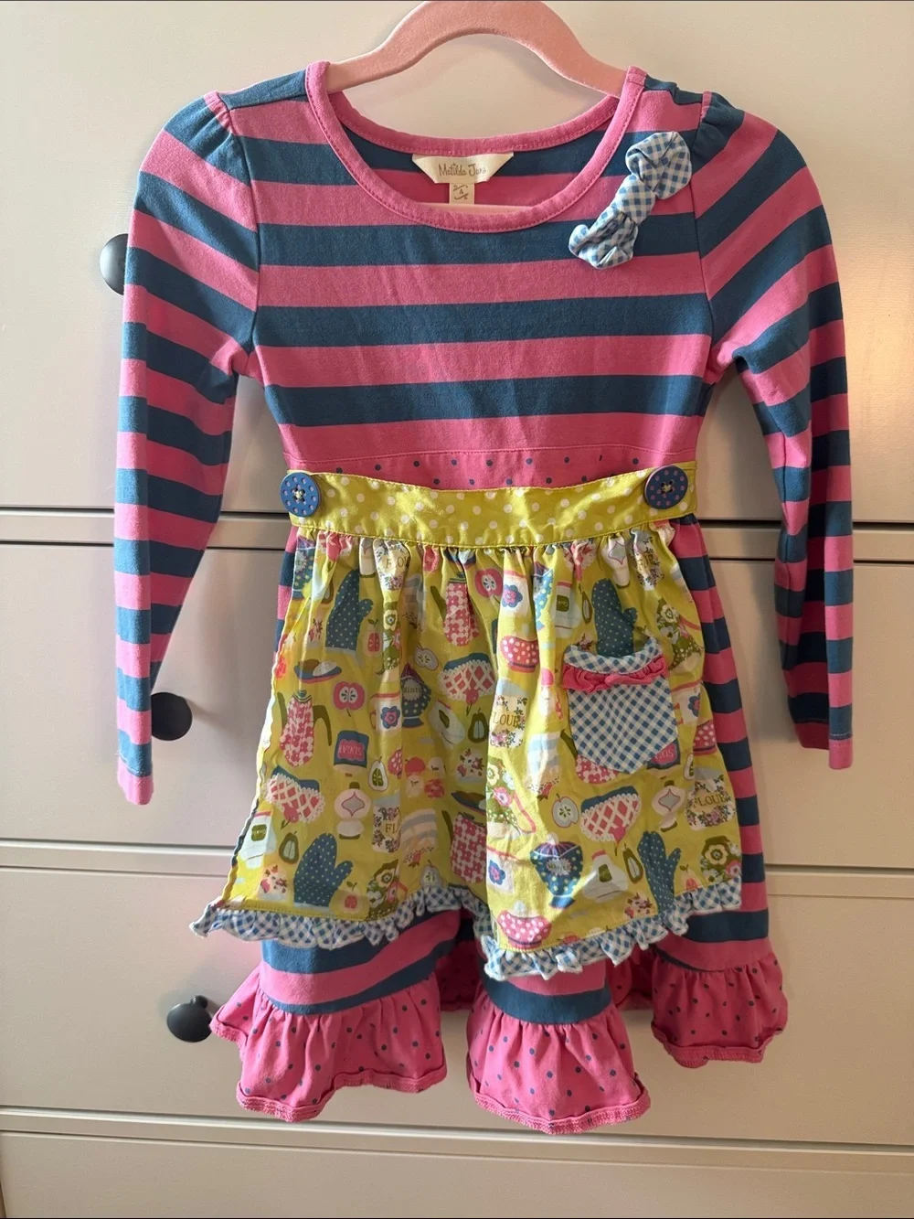 Matilda Jane Pink & Navy Striped Long-Sleeve Dress with Removable Yellow Apron