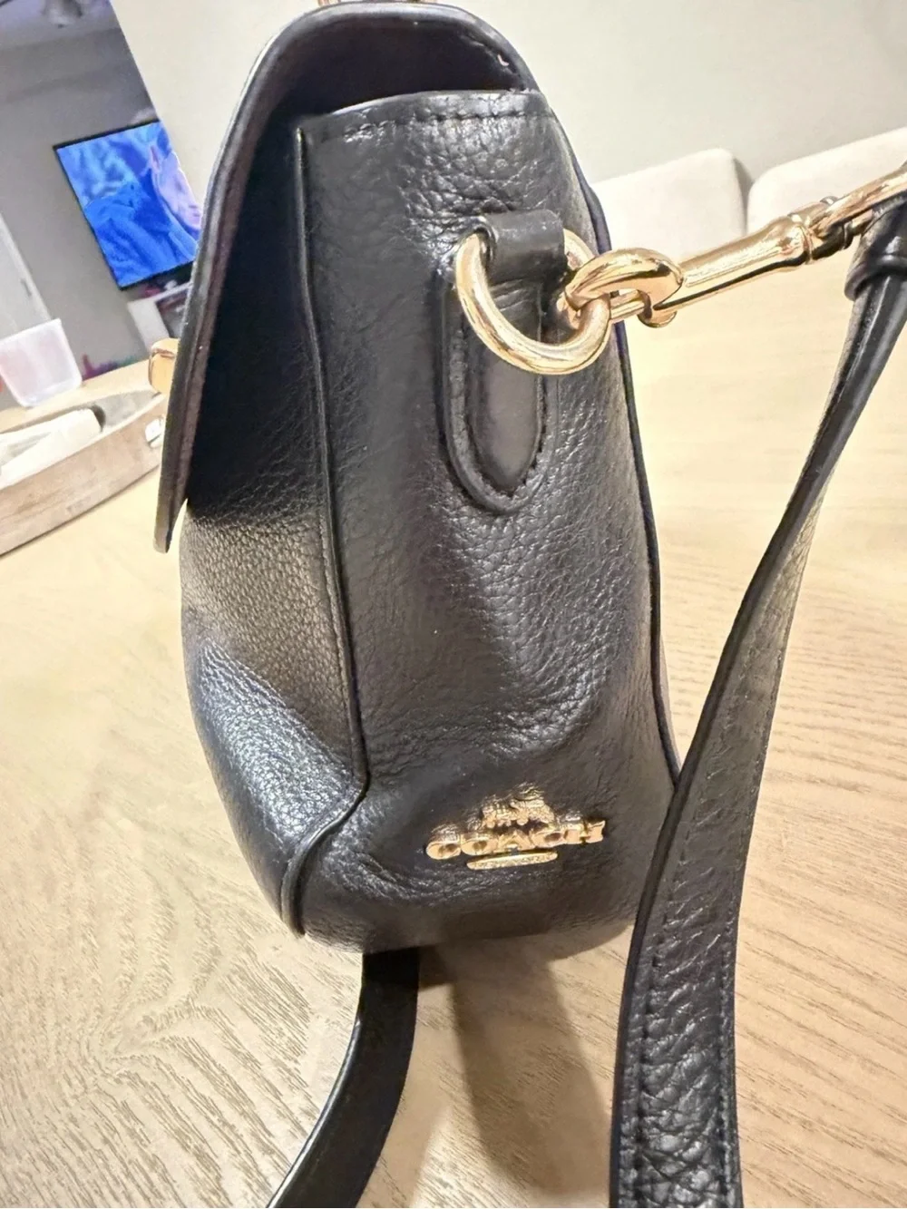 Coach Black Leather Top-Handle Crossbody Bag with Gold Turn-Lock