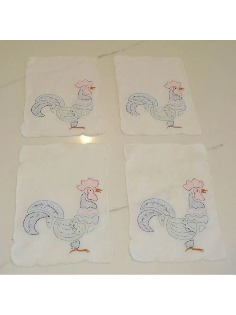 4 MCM Vintage 1950's Rooster Cocktail Madeira Napkins Hand Applique Embroidery