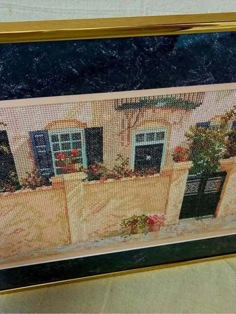 Vintage Framed Architectural Needlepoint Wall Art | 15.75