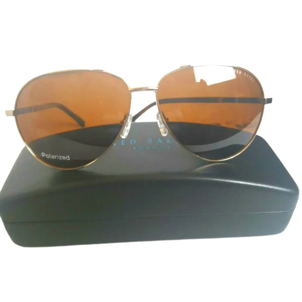$140 Ted Baker Aviator Sunglasses Gold Frame Brown Lens w Case 62-13-140 mm
