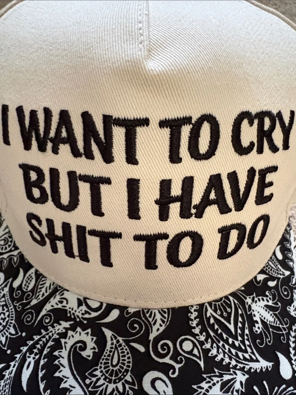 Beige & Black Embroidered Statement Trucker Hat