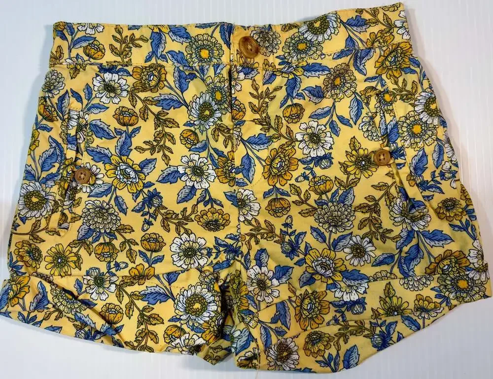 Girls 100% Cotton Yellow Floral Print Utility Shorts, Size 3T
