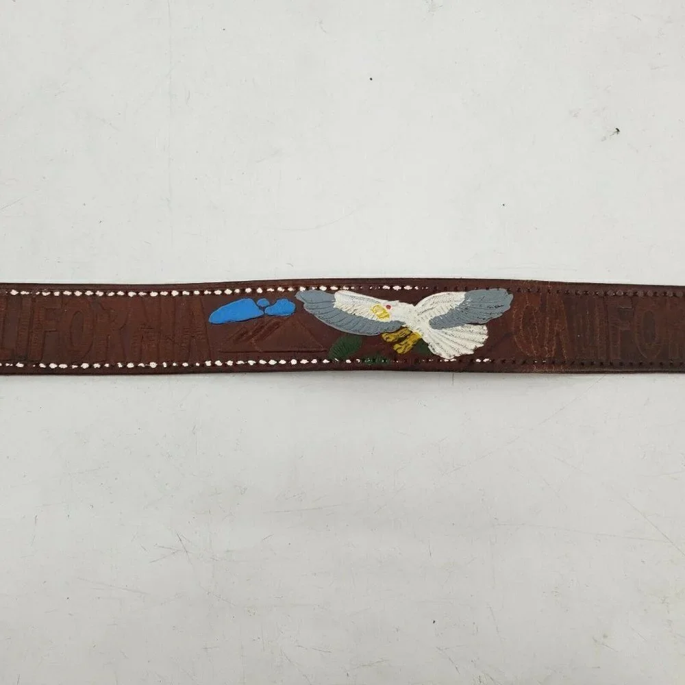 Vintage Leather Hand Tooled Belt  40 Hand Painted Eagles California Mountains