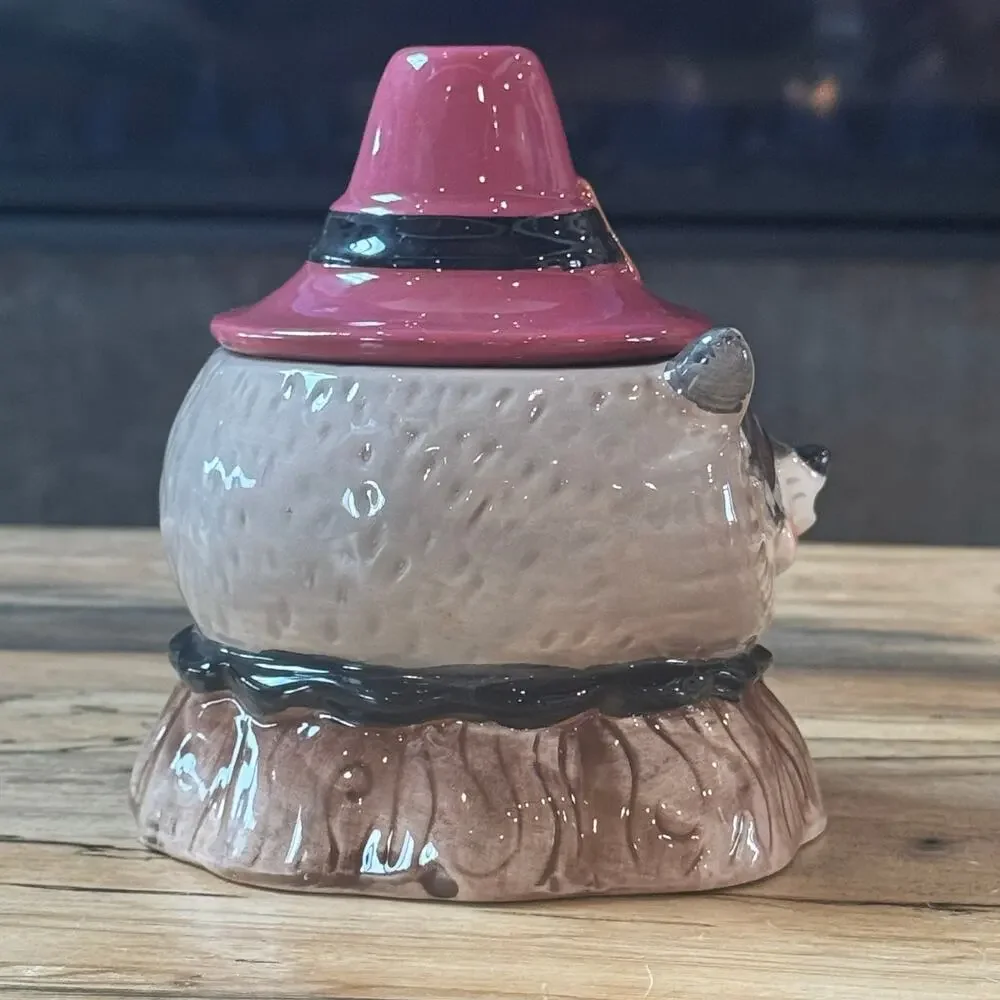 Johanna Parker Raccoon Pilgrim Hat Candy Canister Jar Fall Thanksgiving HTF 5”H