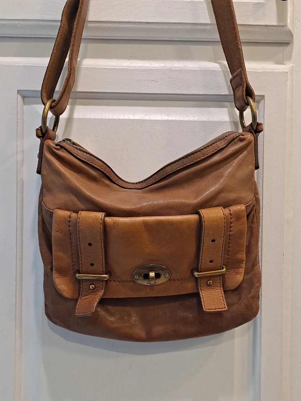 Fossil Cognac Brown Cowhide Lambhide Leather Satchel Front Buckle Flap Brass