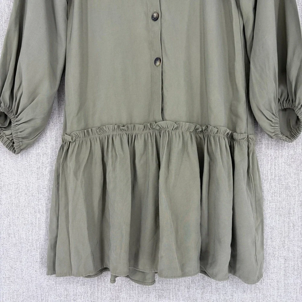 Zara Drop Waist Ruffle Hem Shirt Dress Girls 13-14 Olive Green Long Sleeve