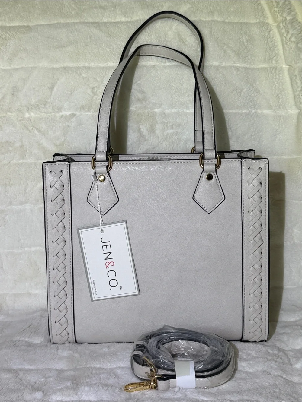Jen & Co Light Gray/Stone Tote Bag with Braided Trim and crossbody strap