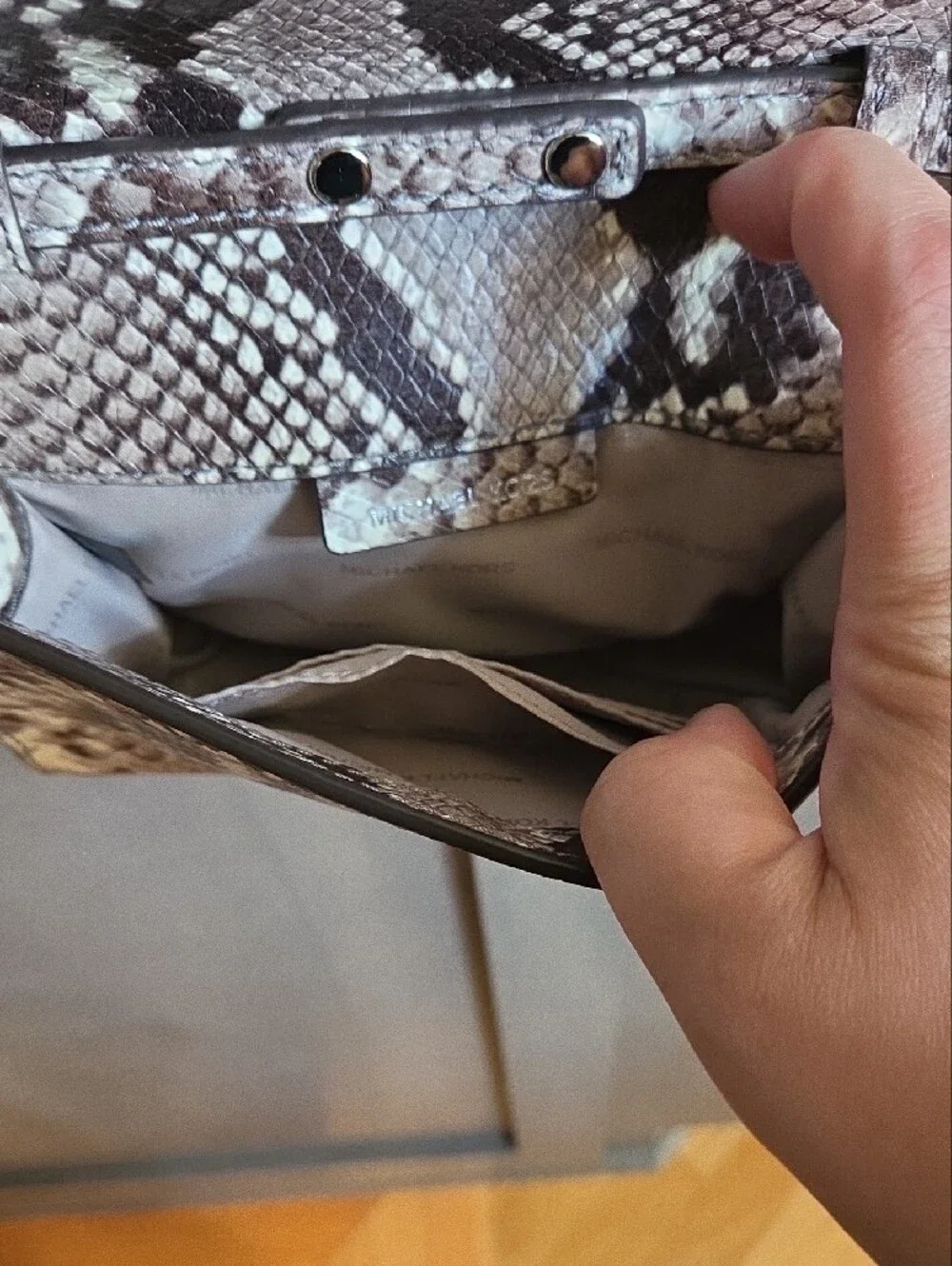 Michael Kors Snake-Print Crossbody in Beige and Brown with Silver Chain