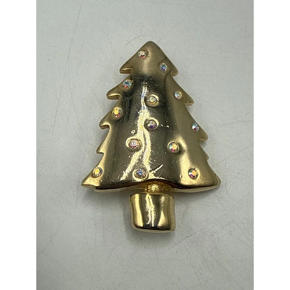 Vintage‎ Gold Tone Christmas Tree Brooch Iridescent Rhinestone Holiday Pin