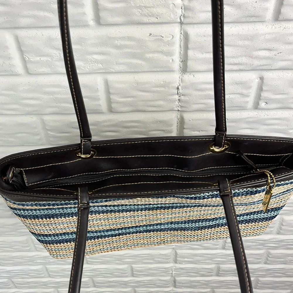 CHARTER CLUB CLASSICS STRIPE WOVEN VEGAN LEATHER ZIP TOP TOTE