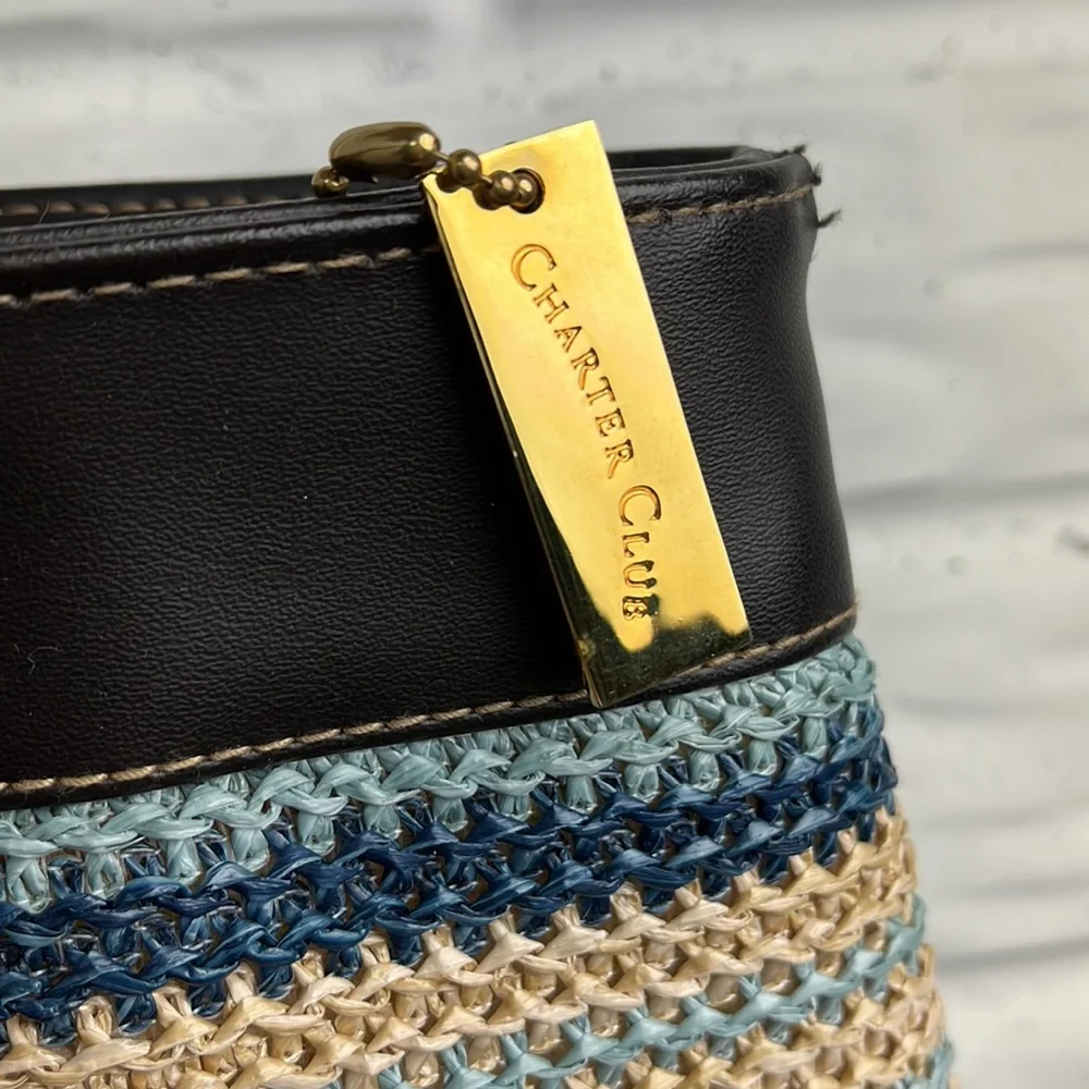 CHARTER CLUB CLASSICS STRIPE WOVEN VEGAN LEATHER ZIP TOP TOTE