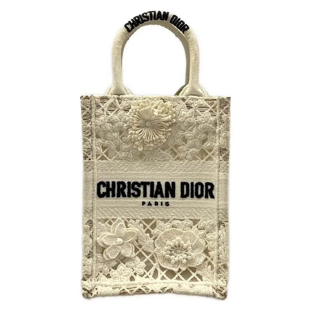 Christian Dior Book Tote Mini Phone Bag Tote Bag White Black Cotton Leather