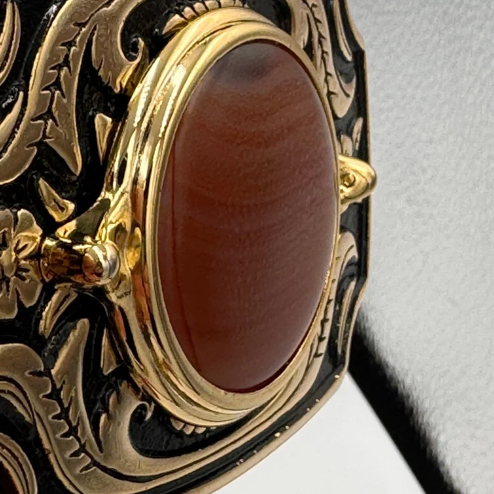 Vintage Western Belt Buckle Gold Tone Faux Carnelian Agate Floral Made in USA