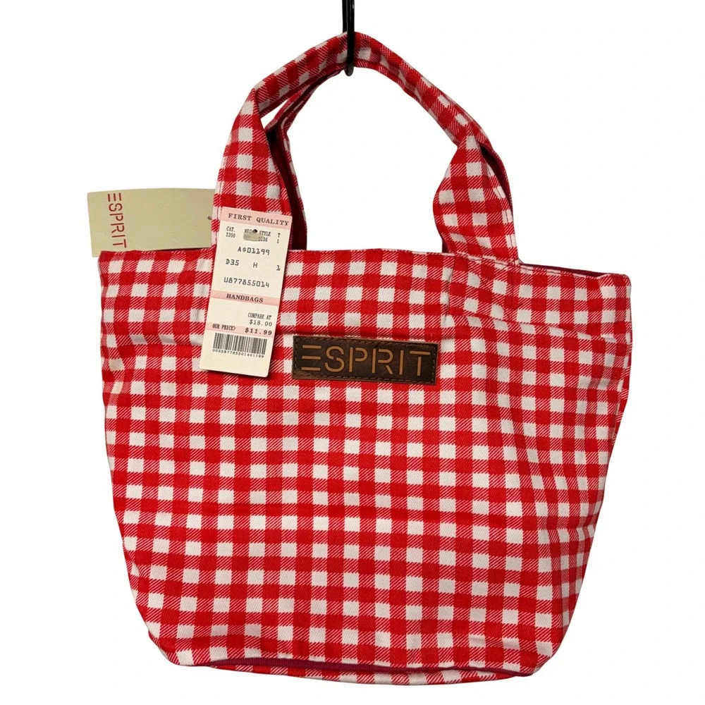 Deadstock Vintage ESPRIT Red Gingham Canvas Zip Tote Bag NWT 90s Y2K Preppy