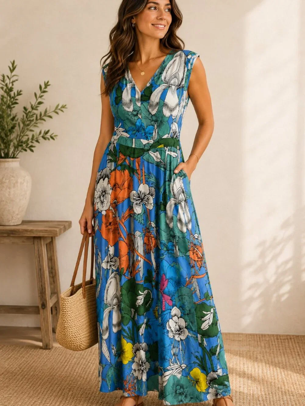 J.Crew Blue Tropical Floral Maxi Dress Size 0 Sleeveless Vacation Dress