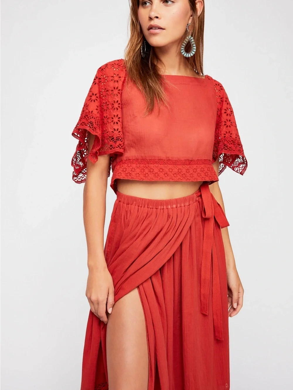 Free People darling Rust Red Eyelet Crop Top & Wrap Maxi Skirt Set