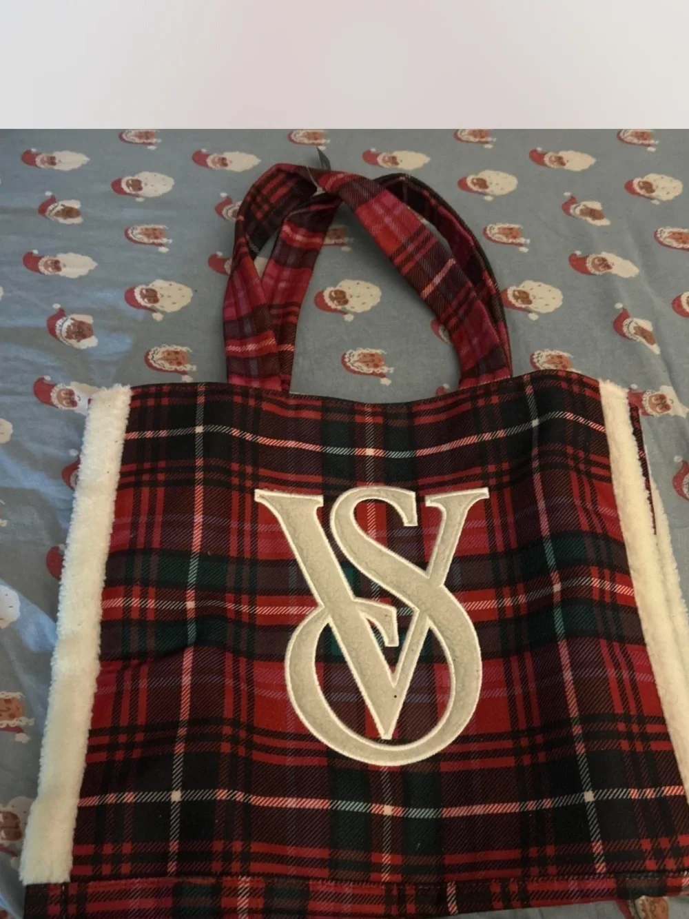 Victoria's Secret Red Multi Plaid Tote with White VS Logo
