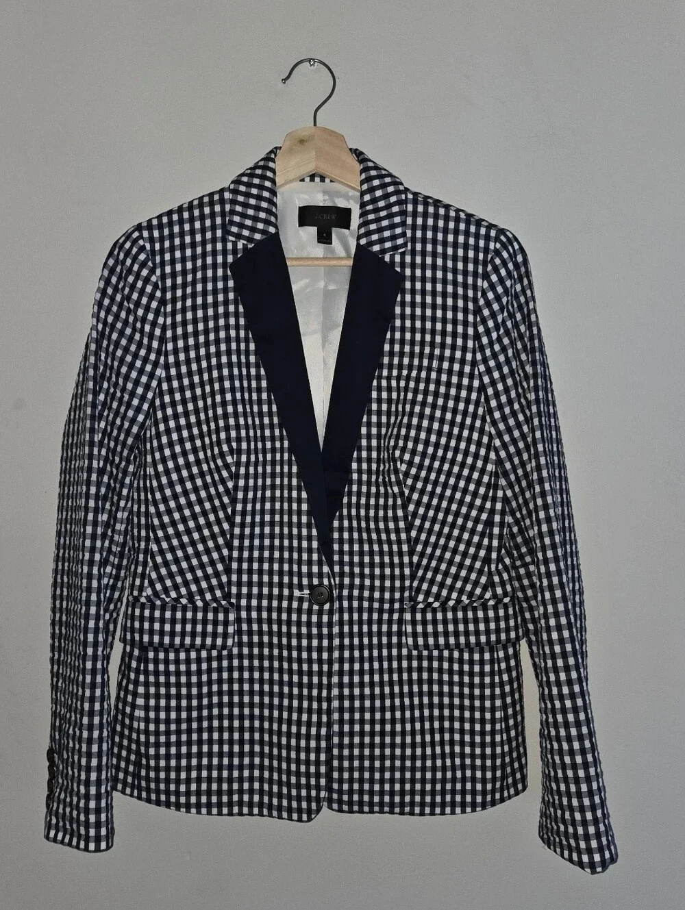 J.Crew Navy White Gingham Seersucker Blazer 6 Coastal Preppy Nautical Blue Prep