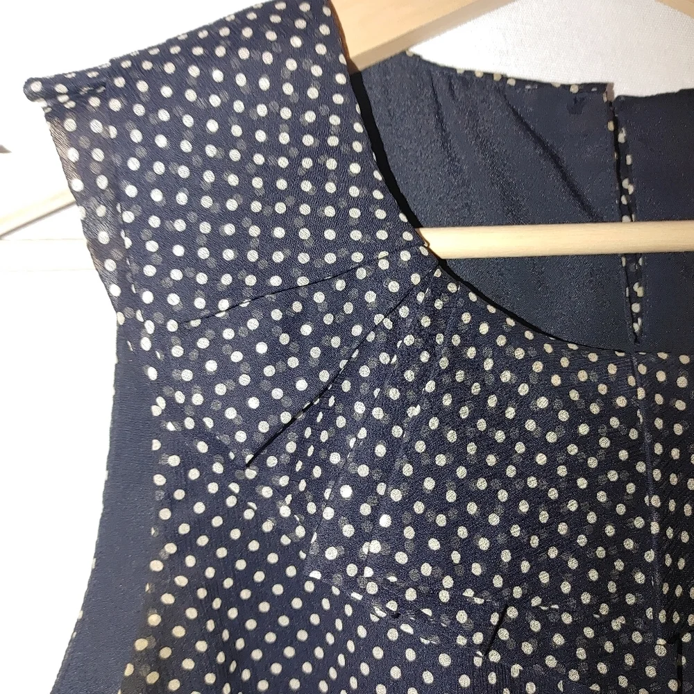 J. Crew Sleeveless Blouse Navy Blue While Polka Dot Silk Overlay Classic Neutral