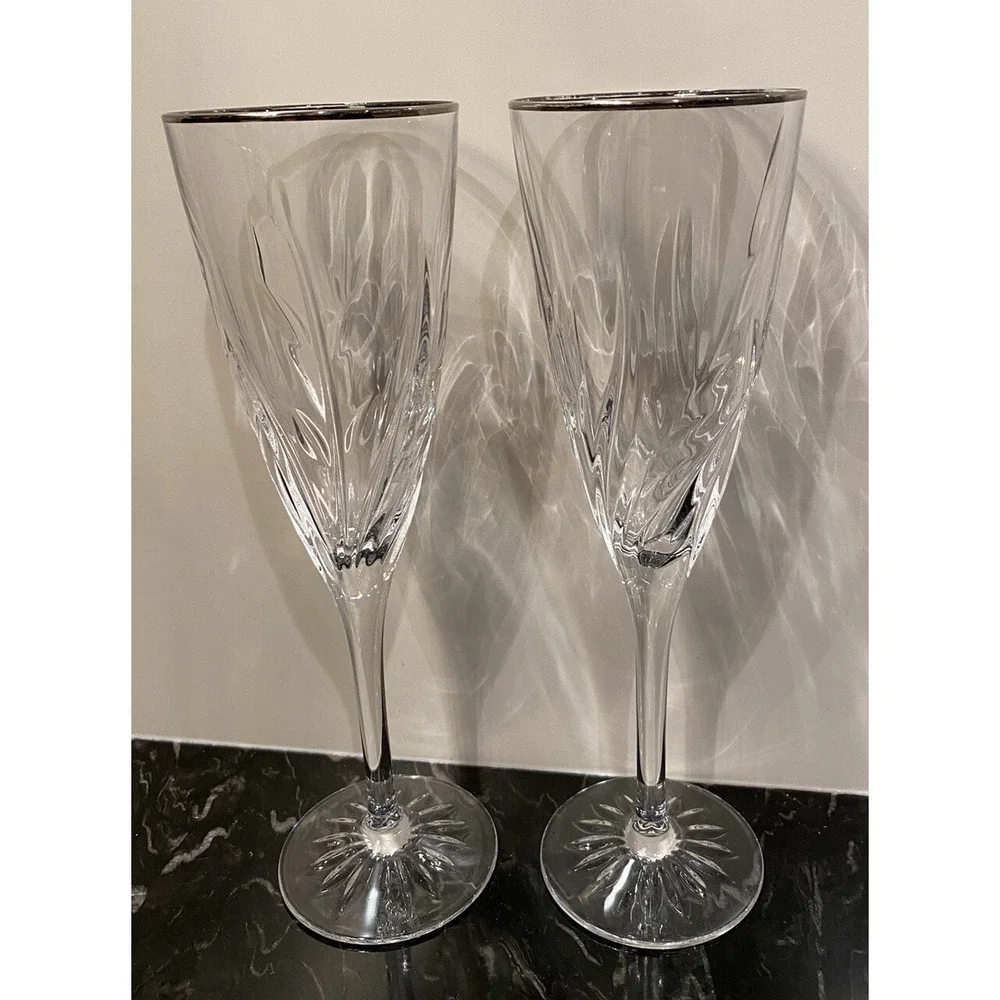 Set of 2 Vintage Lead Crystal Flute Glasses Mikasa Dune Grass Platinum Rim 8.5