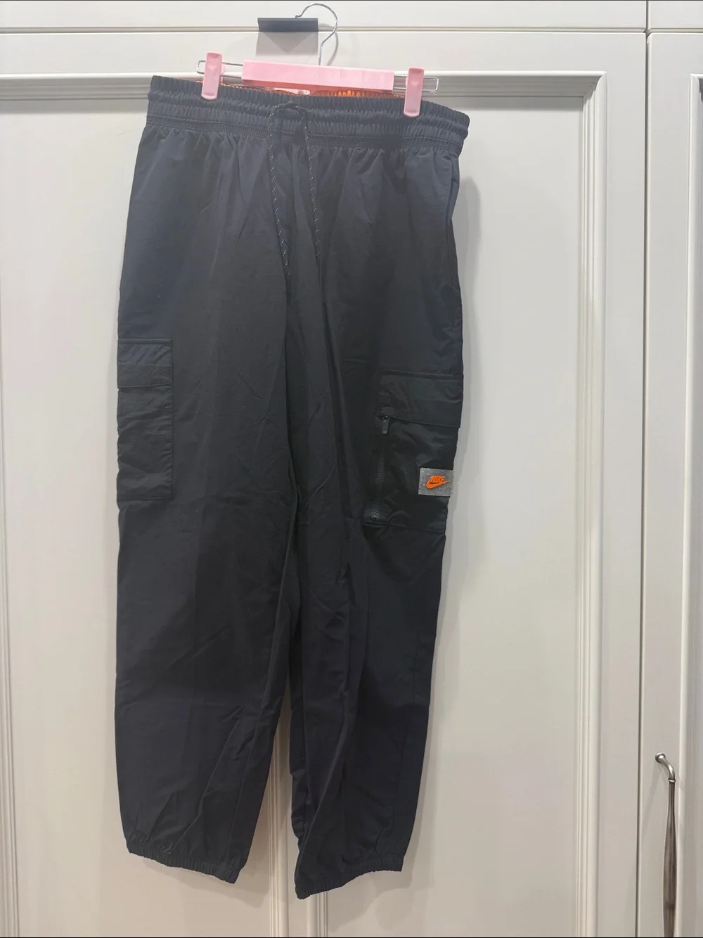 Nike Black Cargo Joggers with Orange Logo Patch