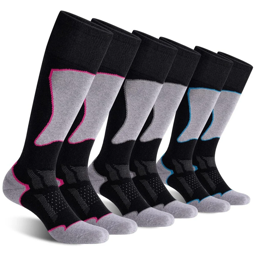 CS Women's Black Grey Rose Red Blue CELERSPORT Merino Wool Ski Socks 3 Pack M