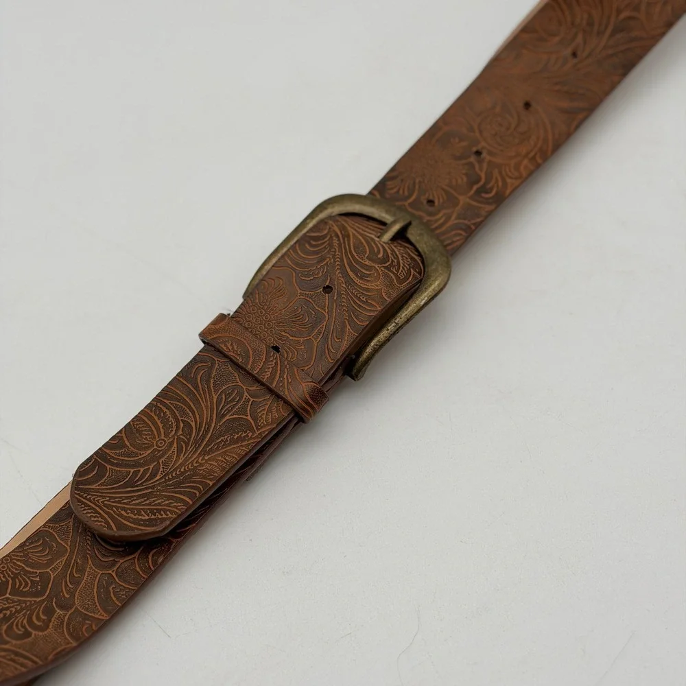 Brown Tooled Floral Embossed Western Belt Antique Brass Buckle 46 Inch Boho