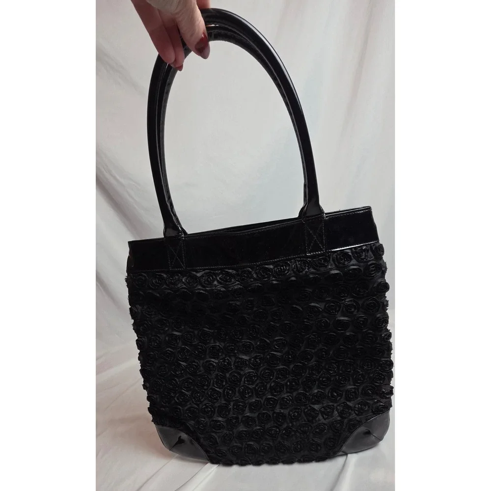 Black Rosette Floral Tote Bag Patent Trim Whimsigoth Gothic Romance Coquette