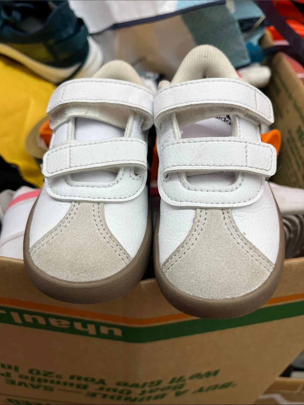 adidas Kids White and Beige Velcro Sneakers with Brown Outsole