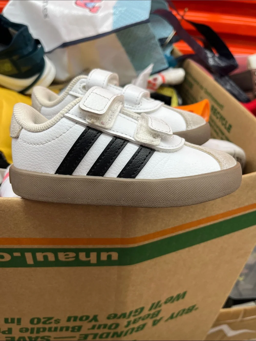 adidas Kids White and Beige Velcro Sneakers with Brown Outsole