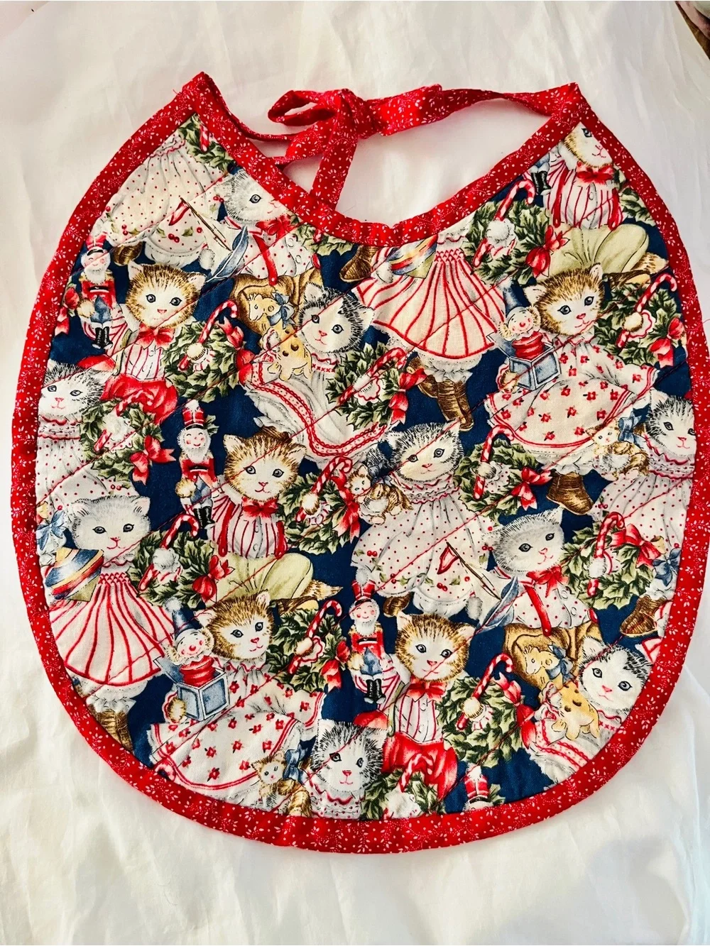 Vintage Handmade Holiday Kitty Print Baby Bib with Red Trim Christmas