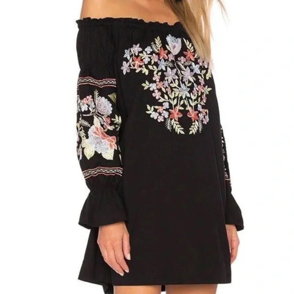Free People Embroidered Dress Fleur Du Jour Off-The-Shoulder Black Floral  XS