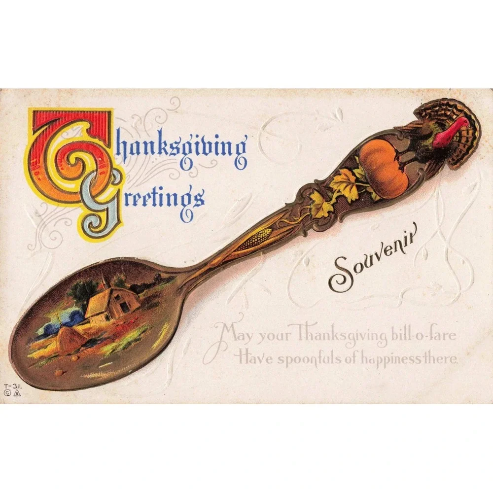Vintage Thanksgiving Greetings Embossed Postcard Souvenir Spoon Farm Turkey VG