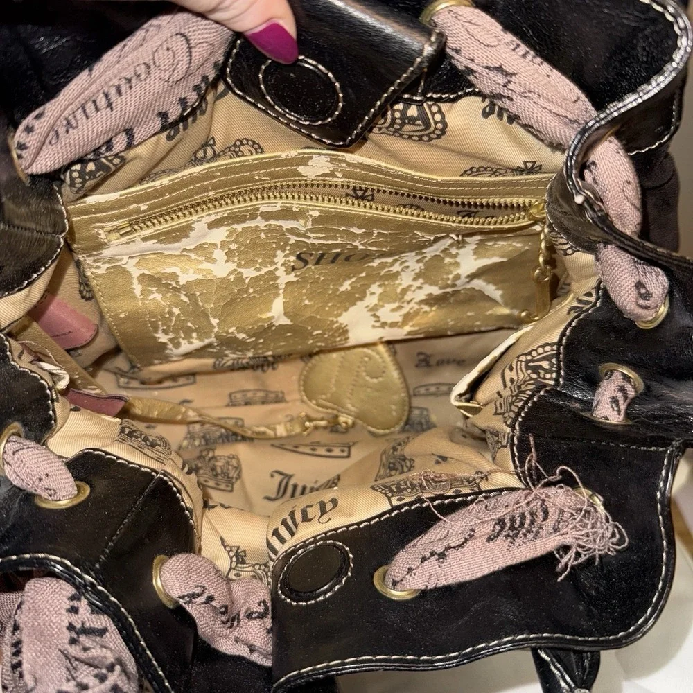 Vintage Juicy Couture Daydreamer Velour Brown Flower Appliqué Tote Bag Purse Bow