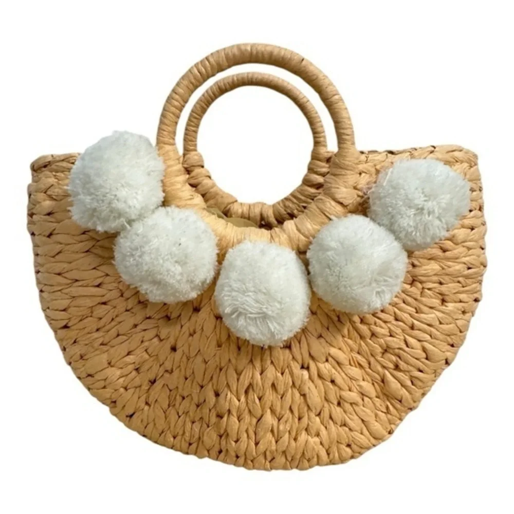 Straw Pom Pom Tote Bag Summer Bag Vacation Travel Resort Pocketbook