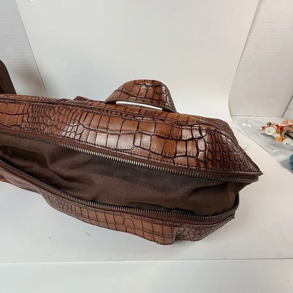 Piquadro Croc-Embossed Italian Leather Laptop Tote Briefcase Expandable Fits 14”