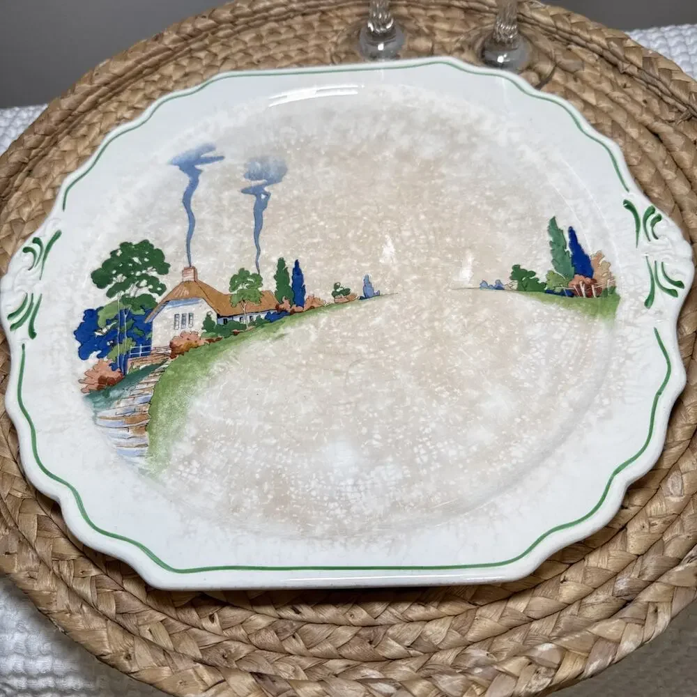 Harker Hotoven Chinawear Pottery Thatched Cottage Platter Cake Plate and Server
