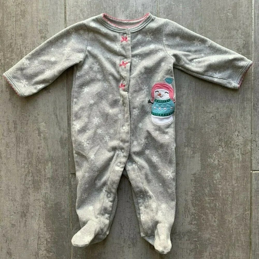 Baby Infant Girl Snowman Christmas Fleece Footie Snap Sleeper One-Piece 3 Months