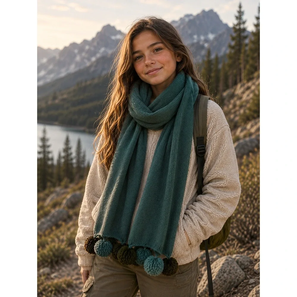 J. Crew Kid One Size Scarf Green Teal Knit Wool Blend Pom Pom Winter Accessory