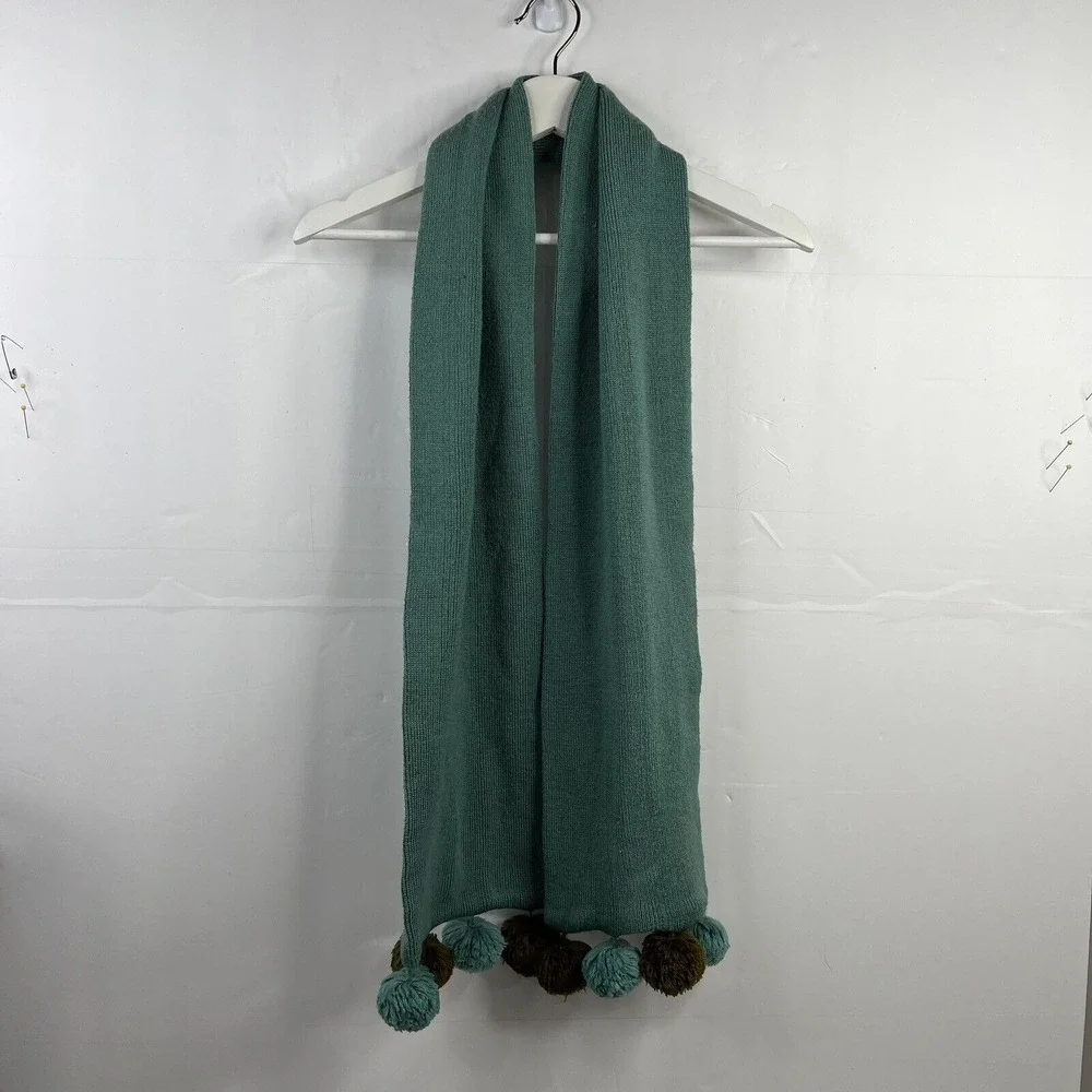 J. Crew Kid One Size Scarf Green Teal Knit Wool Blend Pom Pom Winter Accessory