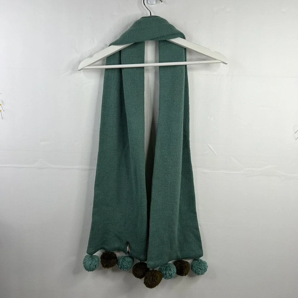 J. Crew Kid One Size Scarf Green Teal Knit Wool Blend Pom Pom Winter Accessory