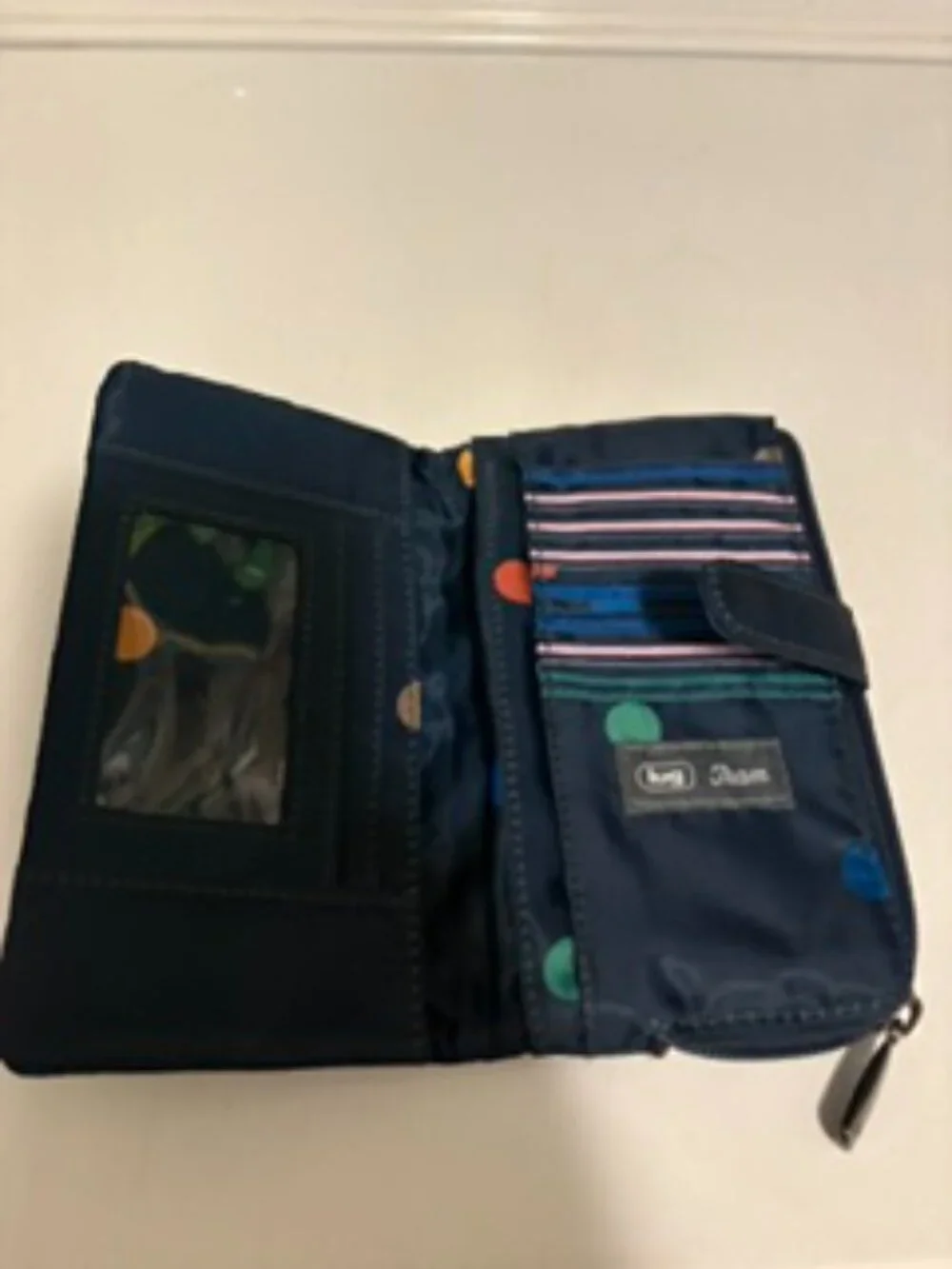 Lug-Hatchback Navy Multi Dots with matching Tram- EUC