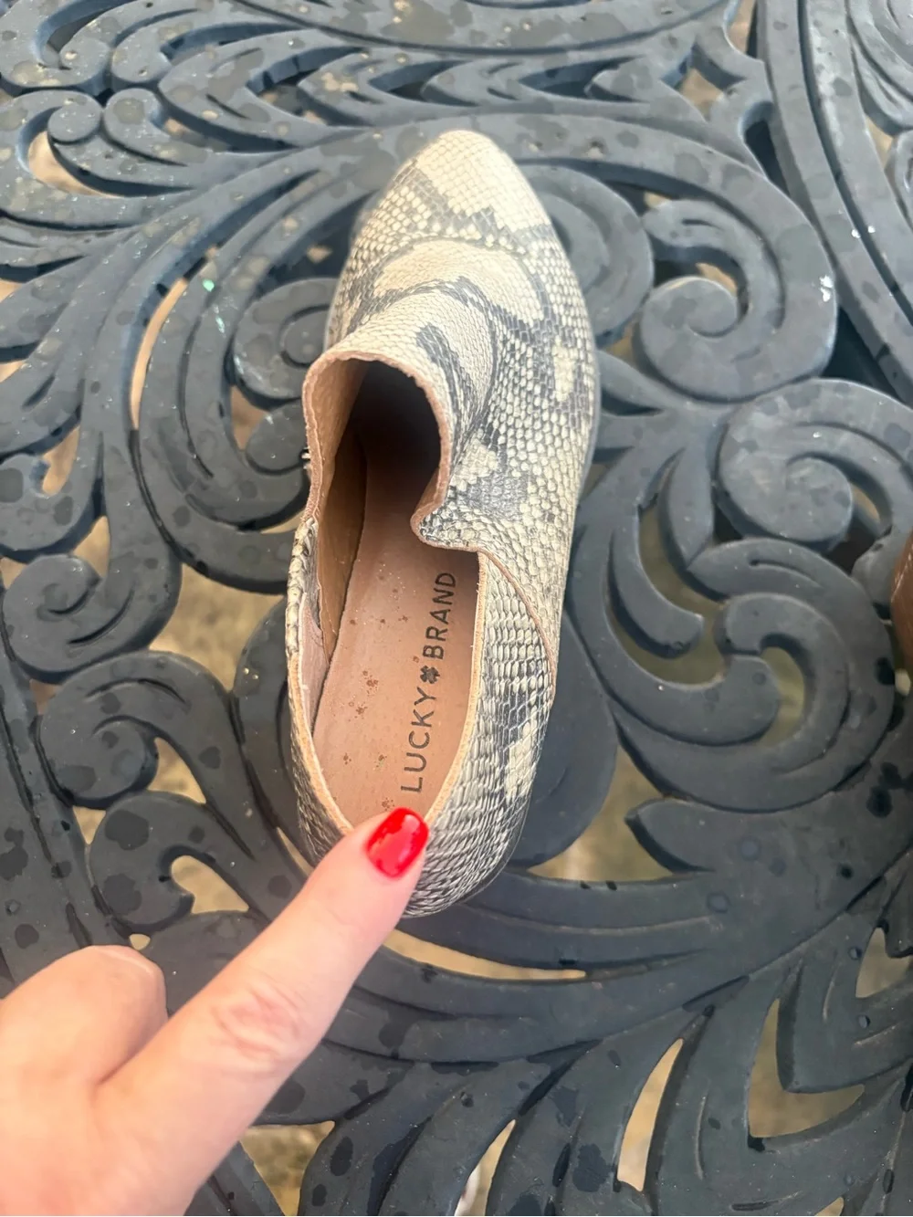 Lucky Brand Snake-Print Ankle shoe bootie in Beige and Gray