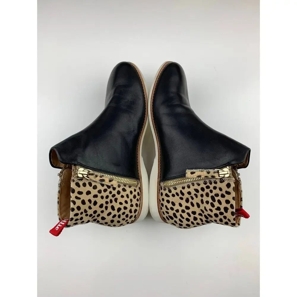 Rollie Nation Side Zip Boots Ankle Booties Black Cheetah Leather Women's 37 US 6
