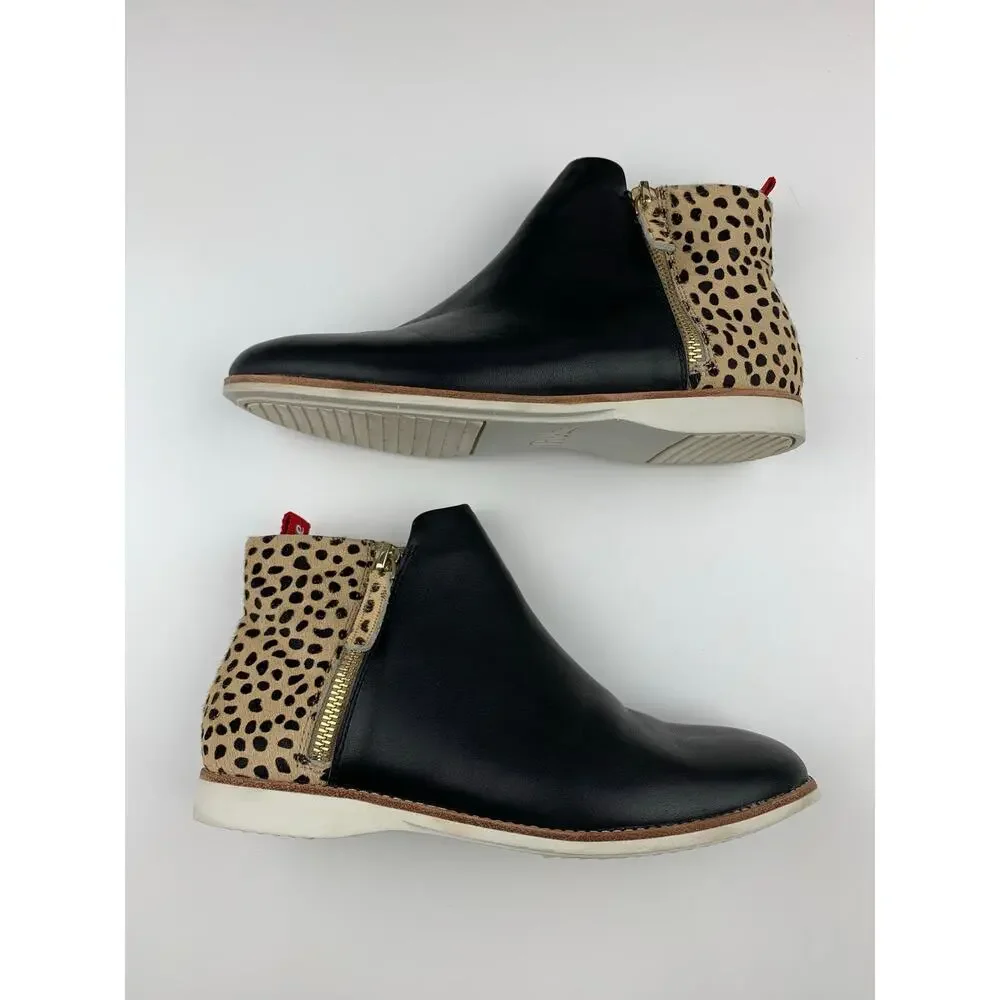Rollie Nation Side Zip Boots Ankle Booties Black Cheetah Leather Women's 37 US 6